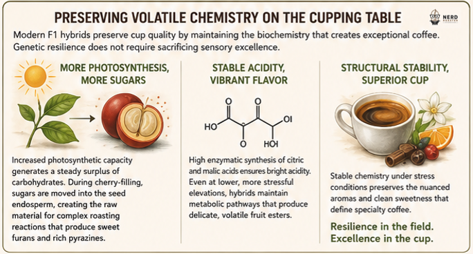 Detailed infographic on Coffee Genetic Engineering and F1 Hybrids